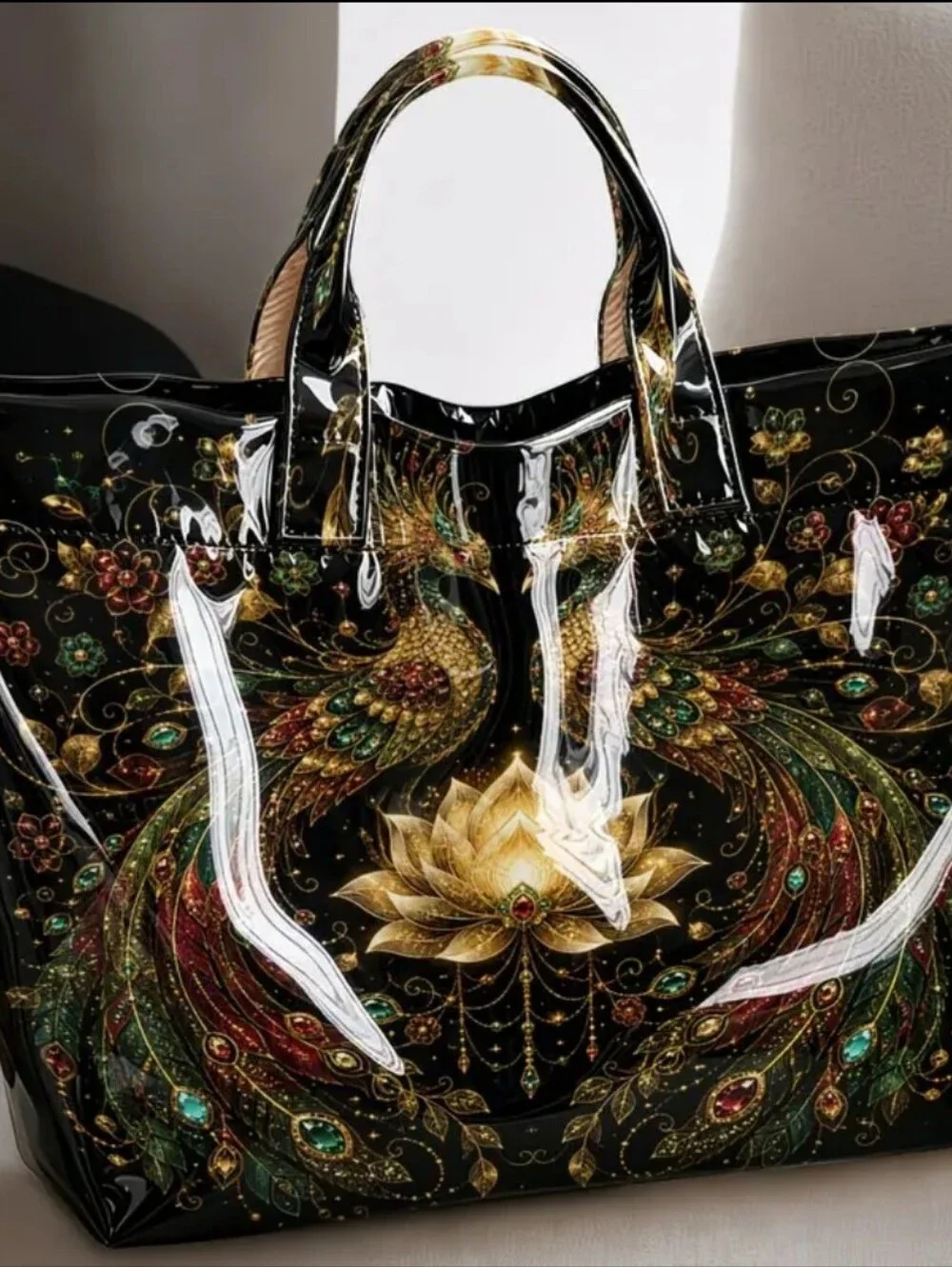 Beauiful Peacock Goolden Lotus Glossy Large PVC Daily Commute Tote Bag